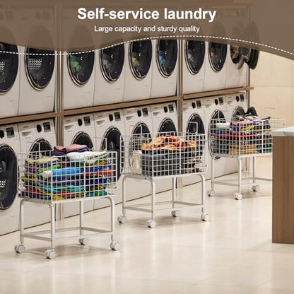Laundry Basket with Wheels,80L Wire Rolling Laundry Basket with Pull Handle,White High Laundry Cart for Laundry Room,Bathroom,Bedroom-White(23.6 * 15.75 * 28inch) - style: Medium Oblong-White