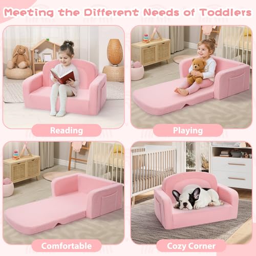 Foryoomi Extra Wide Kids Couch, 2-in-1 Soft Toddler Couch with Blanket, Comfy Toddler Chair, Convertible Sofa with Cute Rainbow Design, Pink - color: Pink Rainbow