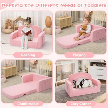 Foryoomi Extra Wide Kids Couch, 2-in-1 Soft Toddler Couch with Blanket, Comfy Toddler Chair, Convertible Sofa with Cute Rainbow Design, Pink - color: Pink Rainbow