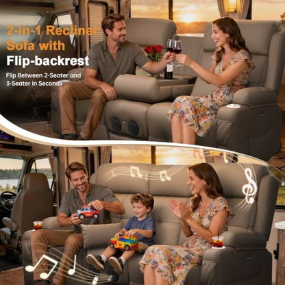 Home Theater Seating, Power Loveseat Recliner Sofa with Massage & Heat | Wall Hugger Reclining Loveseat with USB, RV Couch with LED Lights, Flip Backrest, Cup Holders for Movie Theater, Gaming Room - color: Pebbled Khaki Brown, size: 72" - 2 Seats