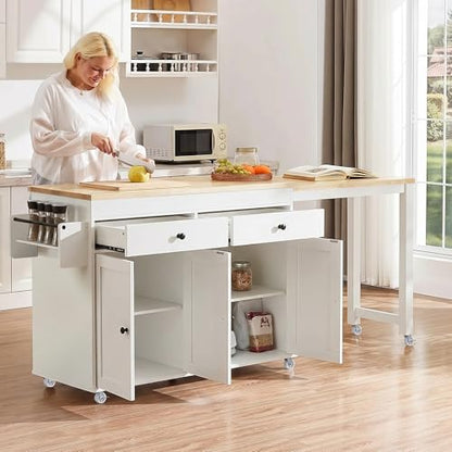 Kitchen Island, Extendable Dining Table with Storage | Extendable dining table, expands from prep station to dining table, seats up to 2 extra guests, saves space when closed - color: White