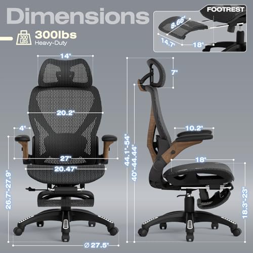X100 Ergonomic Mesh Office Chair with Footrest, Big and Tall Home Desk Chair with 5D Flip-Up Arms, Adjustable 3D Lumbar Support, Gaming & Executive Computer Chair (Library Oak) - color: Library Oak