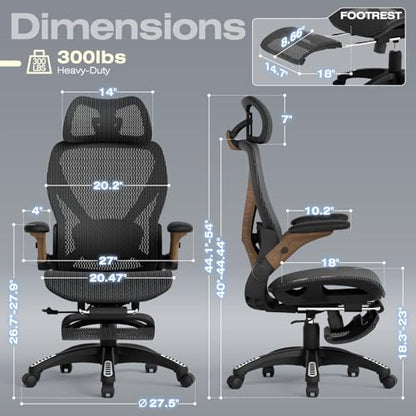 X100 Ergonomic Mesh Office Chair with Footrest, Big and Tall Home Desk Chair with 5D Flip-Up Arms, Adjustable 3D Lumbar Support, Gaming & Executive Computer Chair (Library Oak) - color: Library Oak