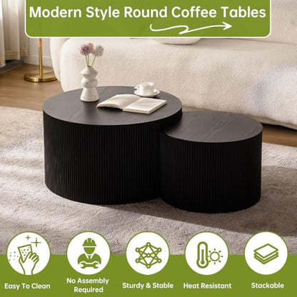 26 inch Round Black Fluted Nesting Coffee Table Set of 2, A Large | Spray Painting Finish, For Living Room, Nested Crescent Side Table, Nestable Design, Mid-Century Modern, For Small Spaces - color: A Large