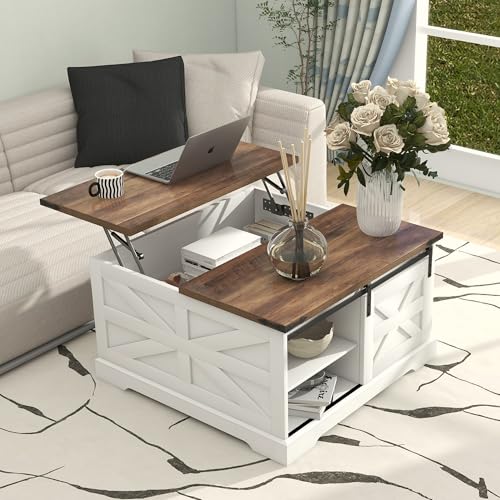 TaoHFE Lift Top Coffee Table with Storage,Rustic White Farmhouse Coffee Table, Square Storage Compartment and Adjustable Shelves Coffee Tables for Living Room (Oak White) - color: Oak White