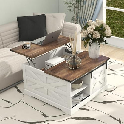 TaoHFE Lift Top Coffee Table with Storage,Rustic White Farmhouse Coffee Table, Square Storage Compartment and Adjustable Shelves Coffee Tables for Living Room (Oak White) - color: Oak White