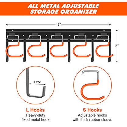 TVKB 68'' All Metal Garden Tool Organizer Adjustable Garage Tool Organizer Wall Mount Garage Organizers and Storage with Heavy Duty Hooks Tool Hangers for Garage Wall, Shed, Garden - size: 68inch(17"x4pack)