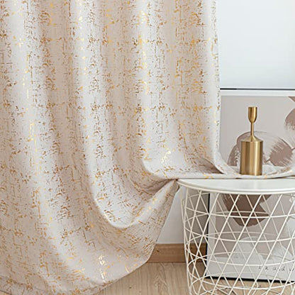 Taisier Home Gold Foil Print Linen Textured Curtains Geometric Dots Pattern Design Curtains for Nursery Toy Room Thermal Insulated Window Treatment 2 Panels 45" L,Beige and Gold Drapes Print - color: Greyish Beige/Gold, size: 52"W x 45"L (Pack of 2)