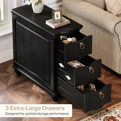 Tribesigns Wood Black End Table, 3-Drawers Fully Assembled Narrow Slim Side Table, No Assembly Required, Nightstand for Bedside, Small Spaces, Living Room, Bedroom - color: Black