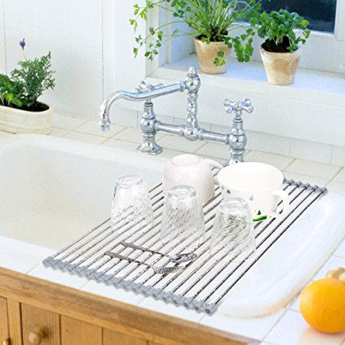 Hhyn Roll-Up Sink Drying Rack 17.7"(L) x 13.8"(W), Gray | Multipurpose Heat Resistant Over The Stainless Steel & Silicone Dish Rollable Kitchen Drainer - size: 17.7"(L) x 13.8"(W)