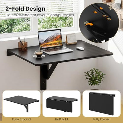 KOTEK Wall Mounted Folding Table, Floating Desk for Wall (Black) | Spacious Surface, Space-Saving , for Home Office, Bedroom, Laundry Room, Balcony & Small Spaces, Easy Assembly - color: Black