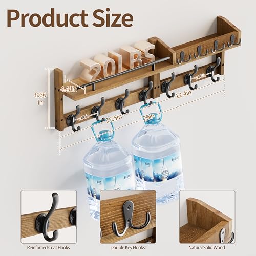 29 inch Coat Rack Wall Mount with Shelf, Entryway Wall Shelf with Hooks, Heavy Duty Coat Hanger Wall Mount with Key Holders and Mail Organizer for Living Room, Bedroom, Brown - color: Brown