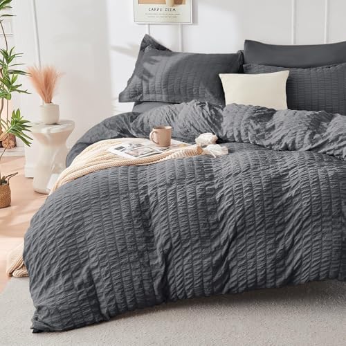 HYMOKEGE Dark Grey Duvet Cover Full Size, Ultra Soft 3-Piece Seersucker Duvet Cover Set with Zipper Closure, Soft Brushed Microfiber Bedding Set with 8 Corner Ties (80"x90", 2 Pillowshams) - color: 01 - Dark Grey (No Comforter), size: Full(80"×90')