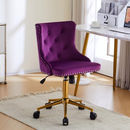 VINGLI Dark Purple Armless Home Office Desk Chair with Gold Base/Wheels, Small Cute Vanity/Makeup Chair with Back for Bedroom, Upholstered Adjustable Rolling Swivel Nail Chair for Women/Girls - color: Dark Purple