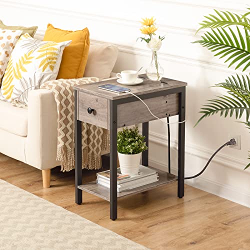 HOOBRO End Table with Charging Station, Narrow Side Table, Small Nightstand, Bedside Tables with Drawer and Storage Shelves, for Small Spaces, Living Room, Bedroom, Greige and Black BG041BZ01G1 - color: Greige+black