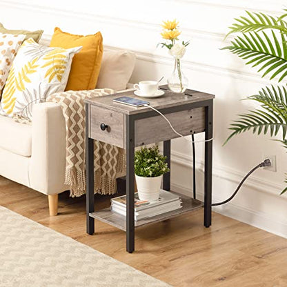 HOOBRO End Table with Charging Station, Narrow Side Table, Small Nightstand, Bedside Tables with Drawer and Storage Shelves, for Small Spaces, Living Room, Bedroom, Greige and Black BG041BZ01G1 - color: Greige+black