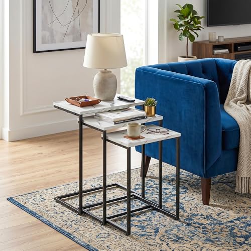 ZenStyle Nesting Coffee Table Set of 5 Side Tables, Industrial C-Shaped End Tables with Wood Table Top & Sturdy Metal Frame Stacking Accent Furniture - color: White