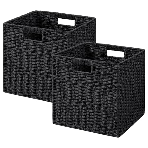 UBBCARE 2 Pack Wicker Basket, 11L×11H×10.5W inch Woven Paper Rope Storage Baskets for Shelves, Foldable Cube Storage bin with Handle, Storage Basket for Organizing & Decor, Black - color: Black, size: Cube-2pack 11"×11"×10.5"