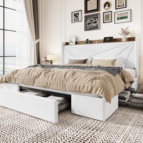 SHA CERLIN King Bed Frame, Storage Headboard with Drawers, Charging, White | Velvet Upholstered Bed, Modern Wingback Headboard, 3 Drawers, USB Charging Station, No Box Spring Needed, Easy Assembly - color: White, size: King