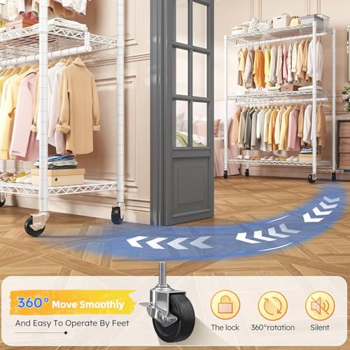 Raybee Heavy Duty Clothes Rack, 45" W Clothing Racks for Hanging Clothes, Clothing Rack with Wheels and Adjustable Feet, Max Load 440LBS, White - color: White