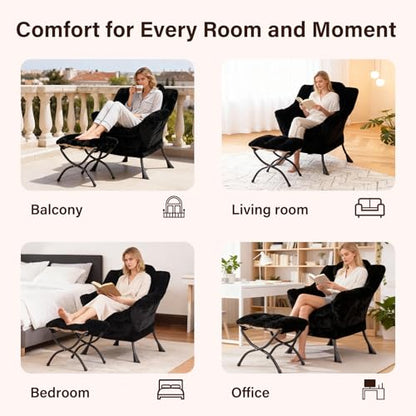 Modern Lazy Chair with Ottoman Lounge Accent Reading Chair for Living Room | Foldable Footstool,Removable Cover,with Armrests & Side Pockets,Upholstered Lounge Chair for Bedroom,Dorm,Office,Small Space - color: Plush Black
