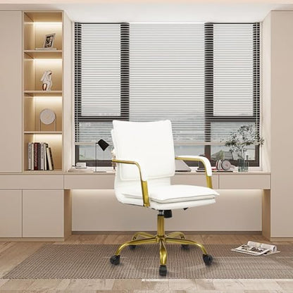 CLATINA Leather Home Office Desk Chair, Swivel Mid-Back Computer Chair with Golden Legs and Arms, Comfy Upholstered Task Chair with Wheels, White - color: White