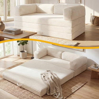 Erament Folding Sofa Bed, Convertible Tri Fold Mattress Foldable with Removable Armrests & Washable Cover, Small Small Pull Out Couch Bed with High-Density Foam, No-Assembly, Full, Beige - color: Beige, size: Full