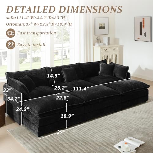 103.8" Chenille U Shaped Modular Sofa with Ottoman,Black | Randomly Assemble Modular Sofa Sets, Modern Recliner Deep Seat Sofa Set for Living Room,Office - color: Black, size: 3S+3O