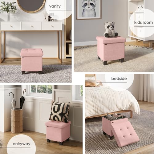 Storage Ottoman Cube with Small Bin, 15-in Square Ottoman with Storage for Living Room and Bedroom, Small Ottomans Foot Rest, Fabric Foot Stools Ottomans Max 330lbs, Pink - color: 10 - Pink