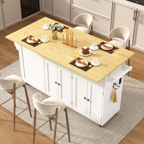 67" Large Movable Kitchen Island w/Sliding Drop Leaf,Power Outlet, Kitchen Rolling Island Cart w/ 2 Drawers, Island Table on Wheels w/ Trash Storage Cabinet,Spice Rack, Towel Bar,Garage Hook, White - color: White, size: 17.7"D x 66.9"W x 35.8"H