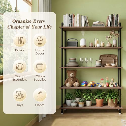 Industrial Bookshelf, Pipe Shelf Bookcase, 5 Tier, 48" Weathered Brown | Solid pine shelves, 48 inch wide, black pipe frame, 50 lbs per shelf, open bookcase for books, plants, office - color: Weathered Brown, size: 48"L × 70"H