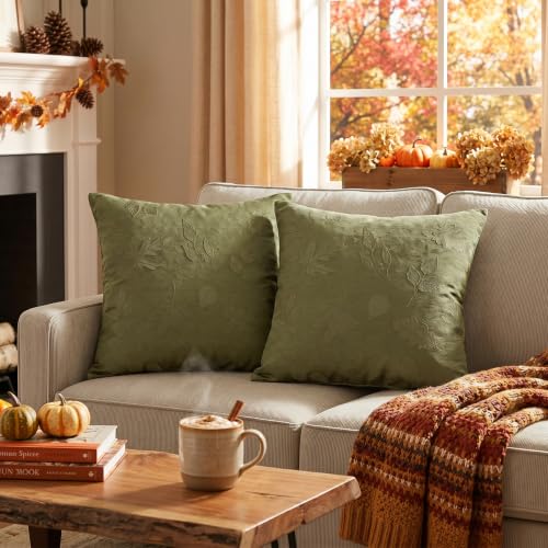 AVOIN colorlife Moss Green Jacquard Decorative Throw Pillow Covers Set of 2, 18 x 18 Inch Maple Leaf Woven Textured Cushion Case Home Decor for Couch Sofa Bed - color: Moss Green
