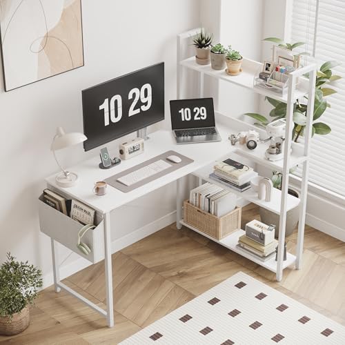 Treesland 47 Inch Computer Desk with Bookshelf, Corner Desk with Storage, L Shaped Desk, Home Office Desks, Writing Study Desk for Bedroom, White - color: White, size: 47 inch