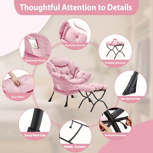 Youtanic Lazy Chair with Folding Ottoman, Accent Chair Velvet Upholstered with Metal Structure and Non-Slip Pads, Sofa Armchair with Footrest and Side Storage Bag for Dorm, Room, Office, Pink - color: Pink