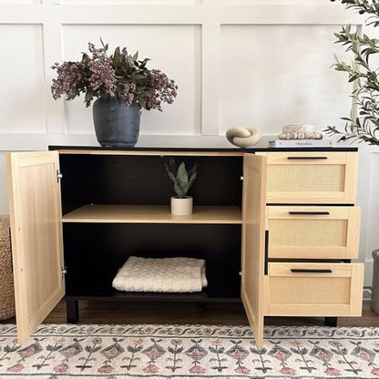 PHI VILLA Black Rattan Cabinet with Doors, Buffet Sideboard Cabinet with Drawers, 2 Door Storage Cabinets - color: Rattan 2