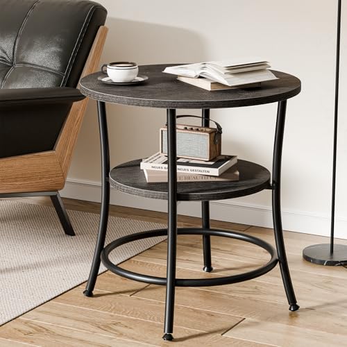 OLIXIS 21.85-Inch Round End Table, 2-Tier Side Table for Living Room, Accent Stand with Storage Shelf, Sturdy Metal Frame Nightstand for Small Space, Round Bedside, Grey Wood Grain - color: Grey Wood Grain