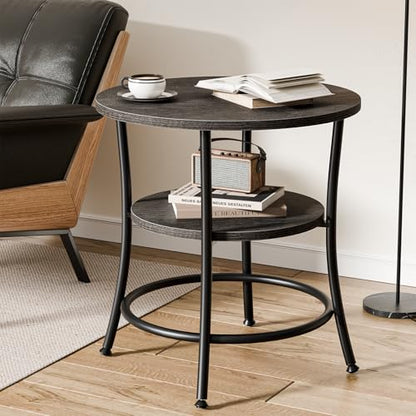 OLIXIS 21.85-Inch Round End Table, 2-Tier Side Table for Living Room, Accent Stand with Storage Shelf, Sturdy Metal Frame Nightstand for Small Space, Round Bedside, Grey Wood Grain - color: Grey Wood Grain