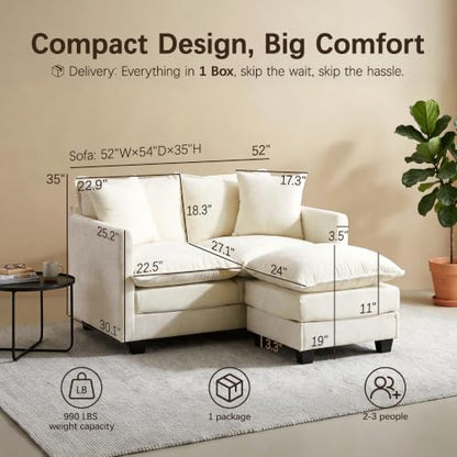 52" Loveseat Sofa, L-Shaped Cloud Love Seat Couches with Ottoman | Comfy Chenille Modern Love Seat with 2 Pillows, Small Loveseat for Small Spaces, Living Room, Bedroom, Apartment,Beige, 52" L - color: Beige, size: 52" L