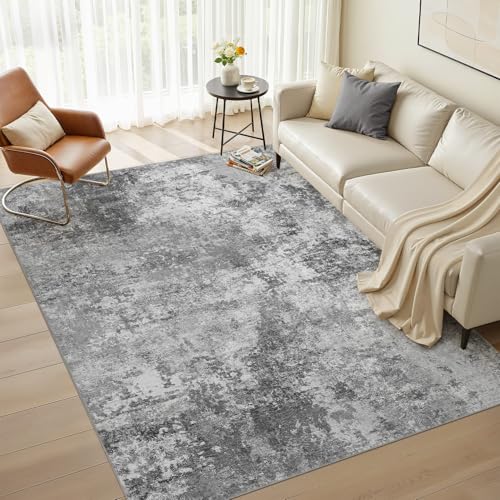 Nakagishi 5X7 Abstract Washable Area Rugs for Living Room-Grey | Modern Non-Slip Silicone Backing Low Pile Soft Carpet for Bedroom Dining Decor Ideal for Families with Kids and Pets - color: Grey, size: 5' x 7' (Rectangular)