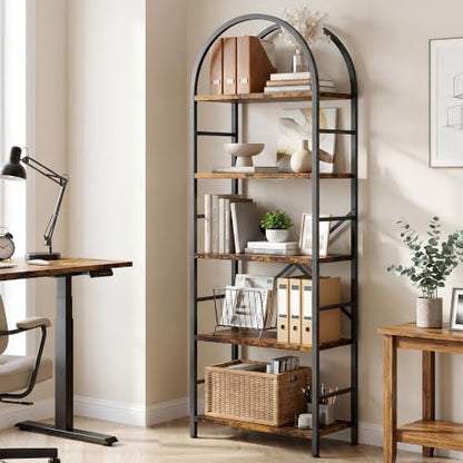 Arched Bookshelf 5 Tier Tall Bookcase, Industrial Metal Frame Book Shelf with X Reinforced Structure, Adjustable Feet Storage Display Shelf for Living Room Bedroom Office Rustic Brown