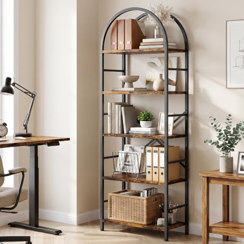 Arched Bookshelf 5 Tier Tall Bookcase, Industrial Metal Frame Book Shelf with X Reinforced Structure, Adjustable Feet Storage Display Shelf for Living Room Bedroom Office Rustic Brown