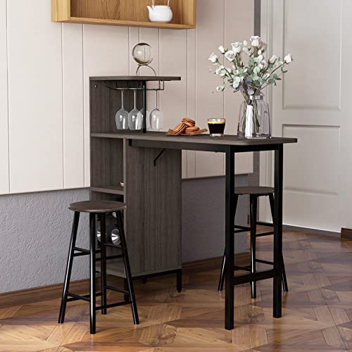 GOFLAME Bar Table Set for 2, Counter Height Dining Table Set with Shelves, Cup Holder & Wine Rack, Breakfast Table & Stools Set, 3-Piece Pub Table Set for Kitchen, Dining Room, Brown - color: Brown
