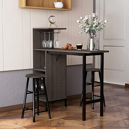 GOFLAME Bar Table Set for 2, Counter Height Dining Table Set with Shelves, Cup Holder & Wine Rack, Breakfast Table & Stools Set, 3-Piece Pub Table Set for Kitchen, Dining Room, Brown - color: Brown