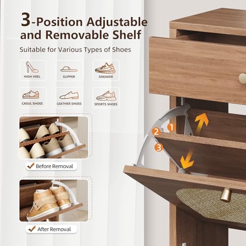 Shoe Storage Cabinet for Entryway, Slim Shoe Rack with 2 Flip Drawers and Top Storage Drawer, Narrow Shoe Organizer with Arched Rattan Accent, Entryway Shoe Storage for Size 13.5 Shoes, Caramel