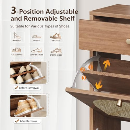 Shoe Storage Cabinet for Entryway, Slim Shoe Rack with 2 Flip Drawers and Top Storage Drawer, Narrow Shoe Organizer with Arched Rattan Accent, Entryway Shoe Storage for Size 13.5 Shoes, Caramel