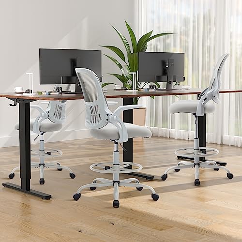 DUMOS Tall Drafting Chair, High Office Chair for Standing Desk | Flip-up Arms, Counter Height Adjustable, Mid Back Mesh, 360° Rolling Swivel Wheels, Grey - color: Grey, size: 18.5"D
