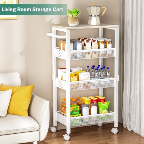 Vivihomety 4-Tier Laundry Utility Rolling Cart with Wheels, Kitchen & Bath | Narrow 8.1" wide, lockable wheels, wood top panel, metal frame, for laundry room, small spaces, pantry, tight gaps, White - color: White, size: 8.1 inch wide