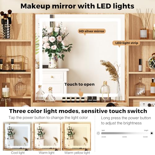 Arulvmrn 43" Makeup Vanity Desk with Mirror and Lights, & Power Outl, Glass Top Big Vanity Table with 9 Drawers& 8 Storage Shelves, Dressing Table Set with Chair for Bedroom, Oak - color: Oak