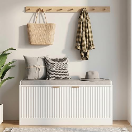 Fluted Shoe Storage Bench with Cushioned Seat and Sliding Doors, White丨Modern Entryway Cabinet with Gold Handles, Hidden Shoe Organizer for Hallway, Living Room - color: White
