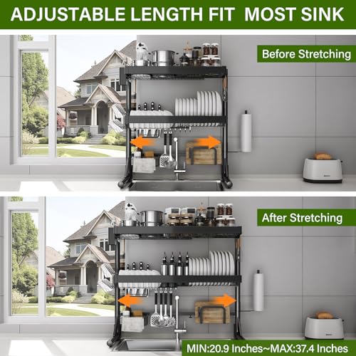 Over Sink Dish Drying Rack, 3-Tier Full Stainless Steel Drainer Dish Rack Adjustable 20.9''-37.4'', Expandable Multifunctional Kitchen Organizer - color: Black, size: 3 Tier with Flat Grid